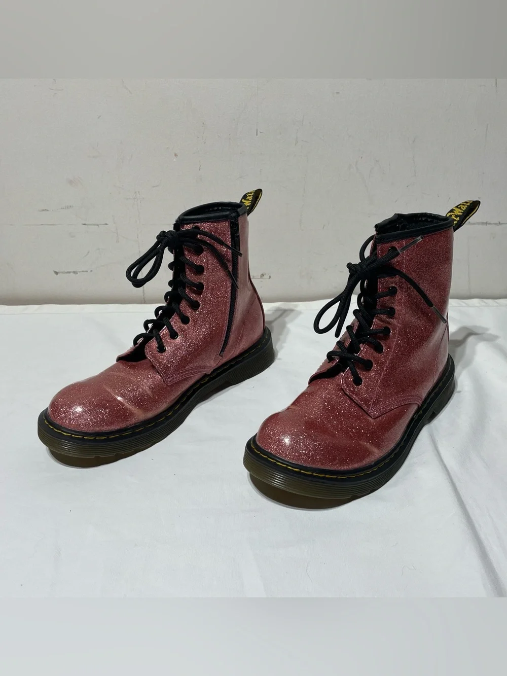 Girl's Dr Martens 1460 Junior Pink Glitter Lace Up Side Zip Combat Boots Size 5